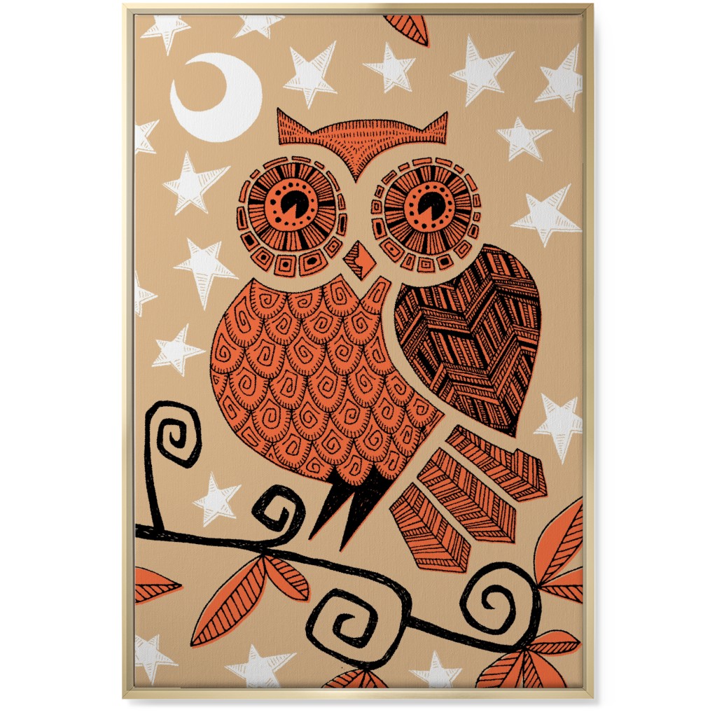 Owl Under the Moon - Orange & Brown Wall Art, Gold, Single piece, Canvas, 24x36, Orange