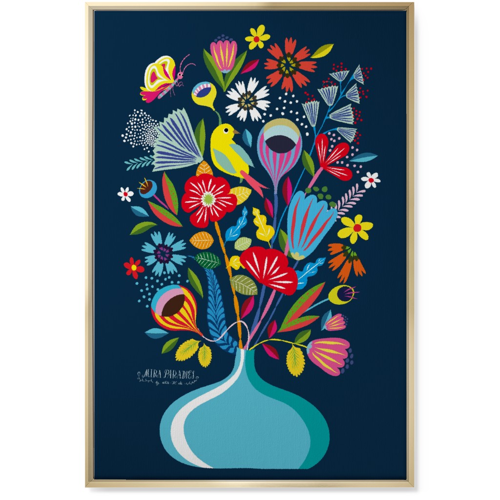 Folk Art Bouquet - Multi on Navy Wall Art, Gold, Single piece, Canvas, 24x36, Multicolor