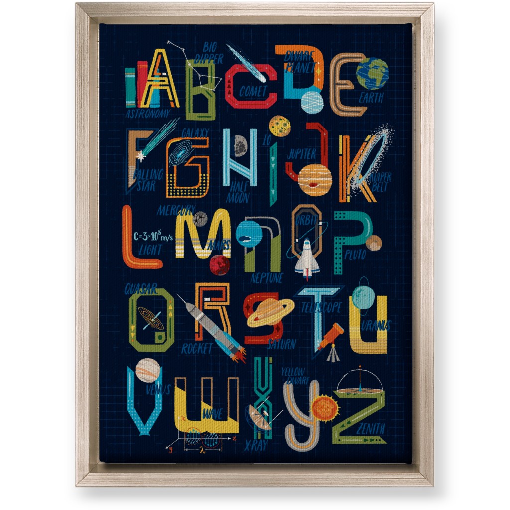 Outer Space Alphabet - Rocket, Planets, Science, Astronomy & Stem Wall Art, Metallic, Single piece, Canvas, 10x14, Multicolor
