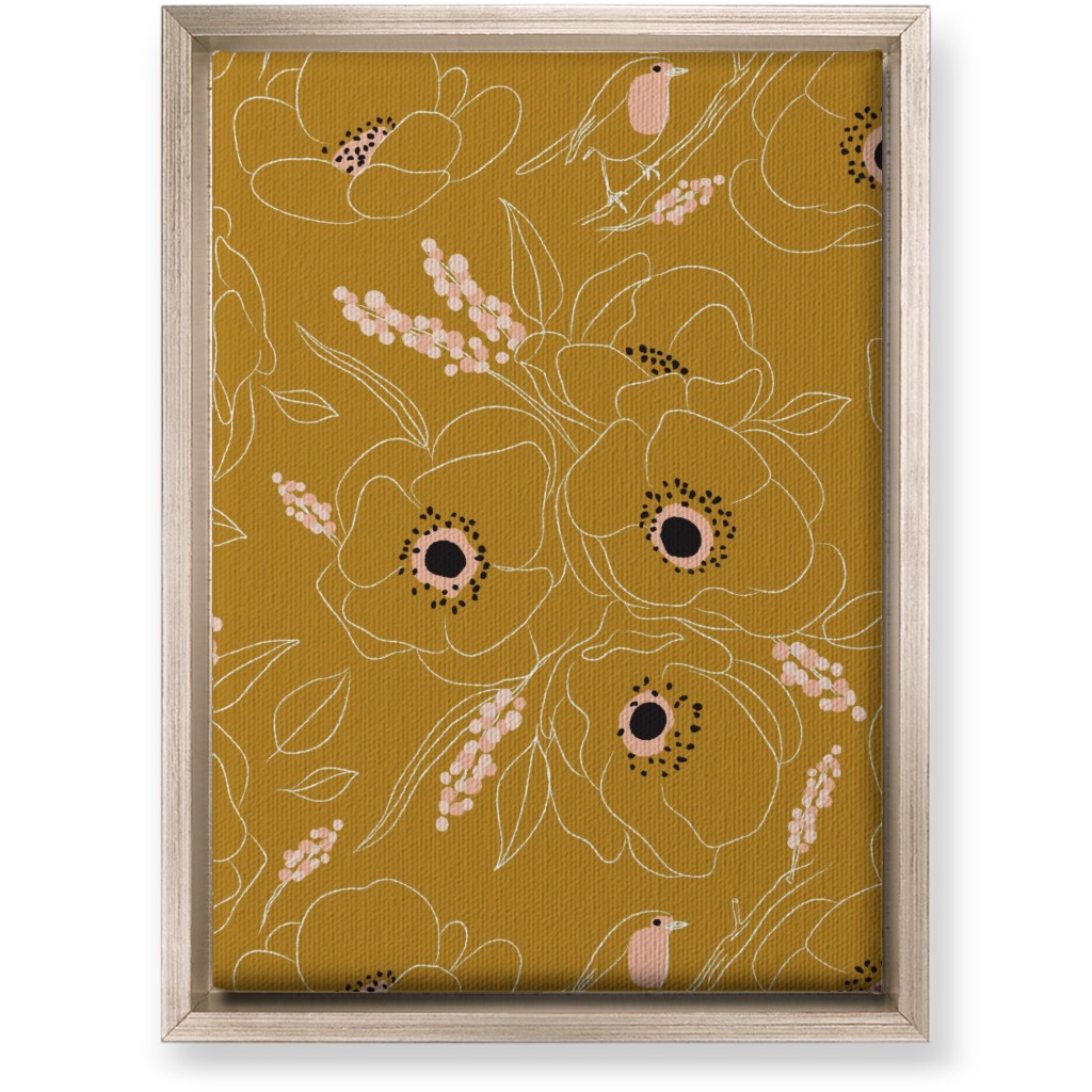 Freehand Robin & Winter Blooms - Gold Wall Art, Metallic, Single piece, Canvas, 10x14, Yellow