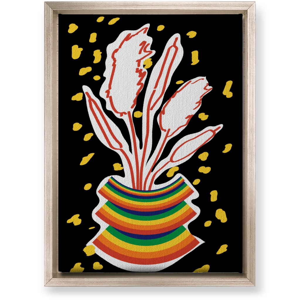 Retro Rainbow Abstract Floral in Vase - Multi on Black Wall Art, Metallic, Single piece, Canvas, 10x14, Multicolor