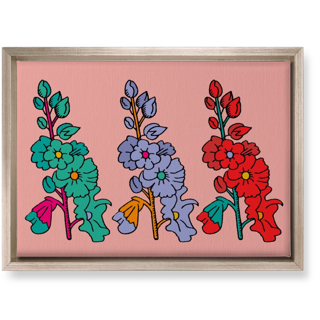 Row of Colorful Hollyhocks - Multi on Pink Wall Art, Metallic, Single piece, Canvas, 10x14, Multicolor