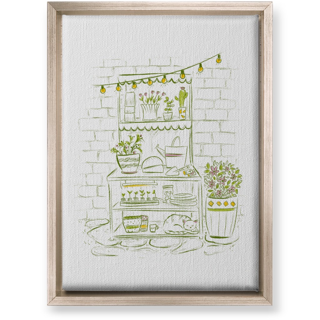 the Cat Nap Potting Stand - Green Wall Art, Metallic, Single piece, Canvas, 10x14, Green, Classic Green