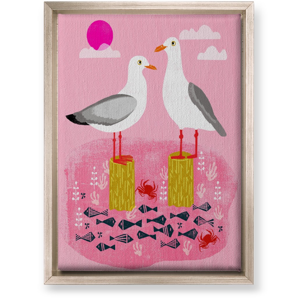 Perched Seagulls - Pink Wall Art, Metallic, Single piece, Canvas, 10x14, Pink, Bright Pink