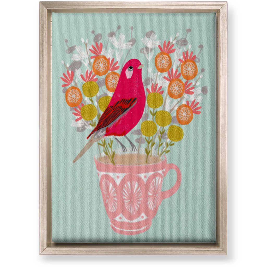 Red Bird on Teacup Bouquet Wall Art, Metallic, Single piece, Canvas, 10x14, Multicolor