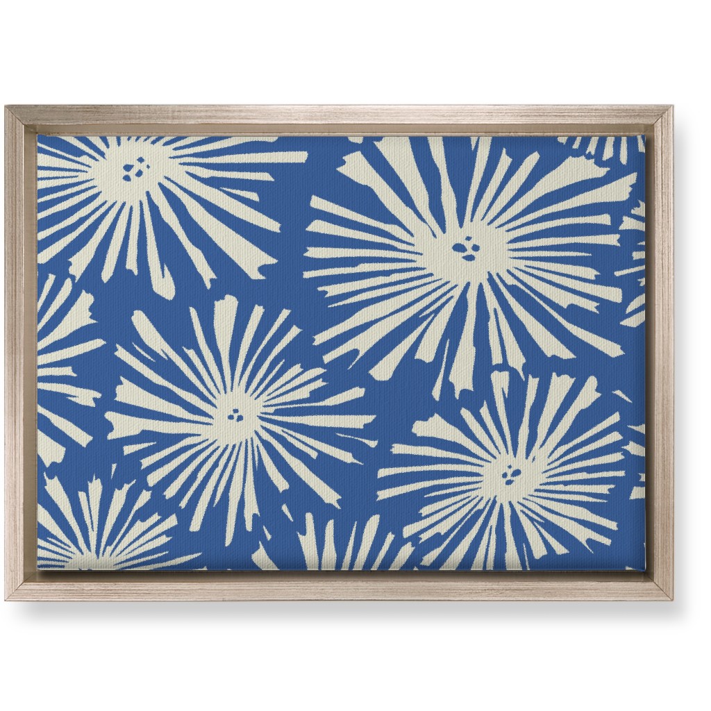 Cactus Blooms - Cream on Blue Wall Art, Metallic, Single piece, Canvas, 10x14, Blue