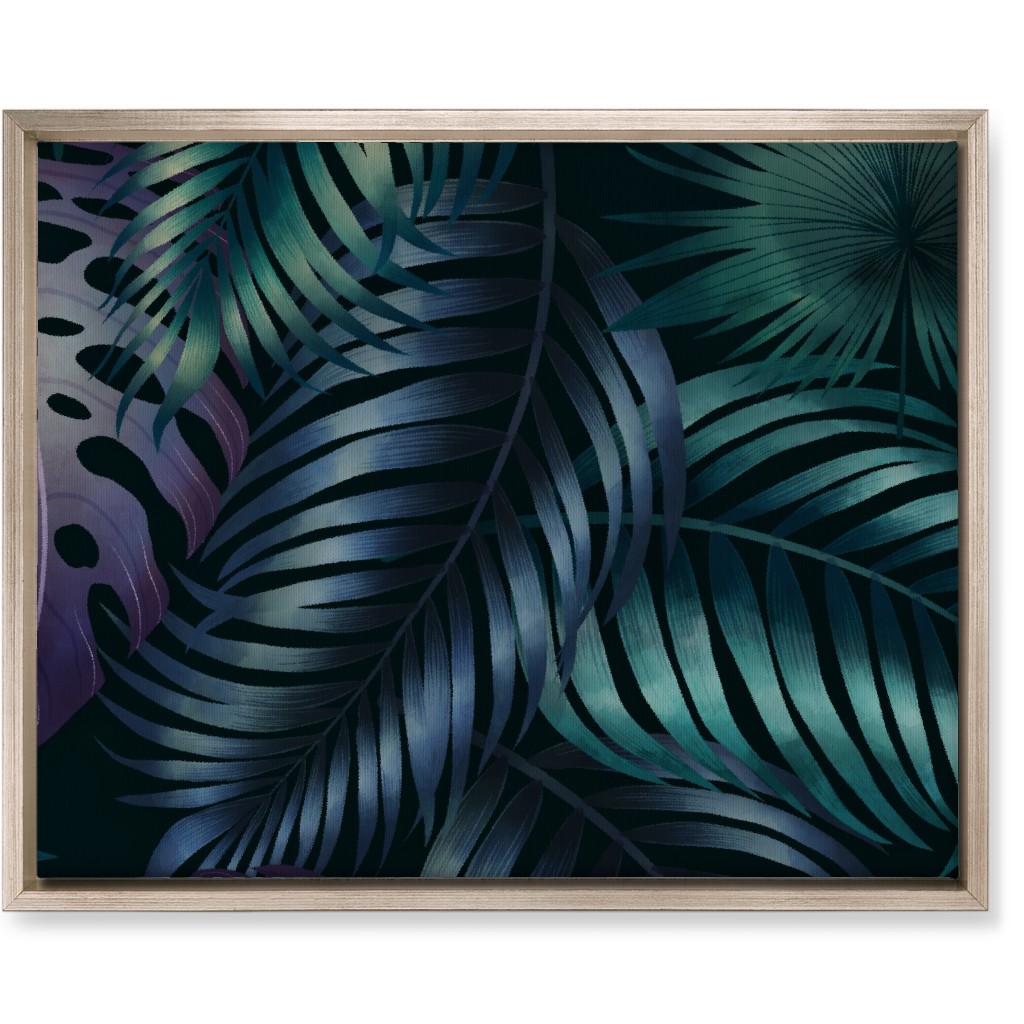 Tropical Leaves in the Moonlight - Dark Wall Art, Metallic, Single piece, Canvas, 16x20, Blue