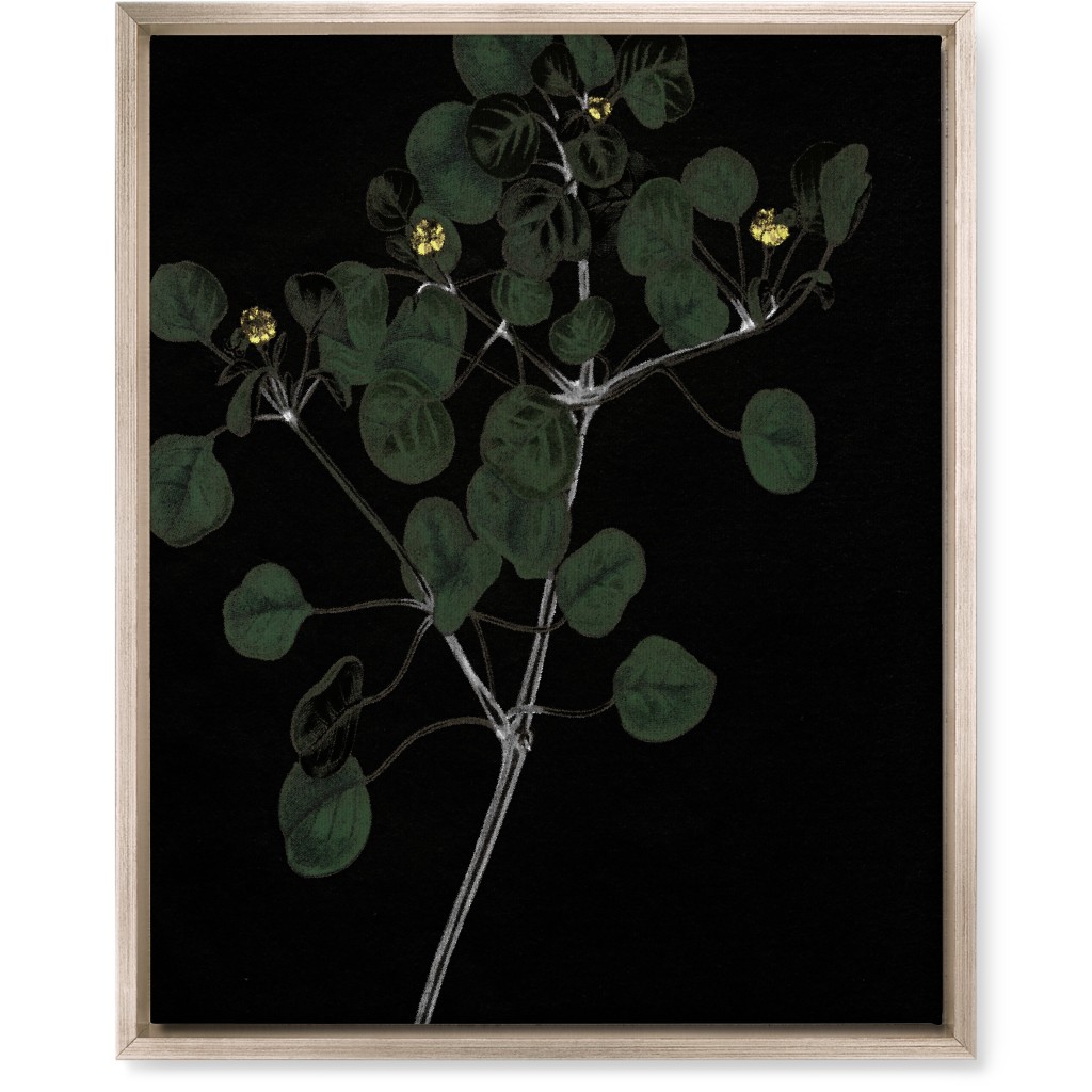 Midnight Botanical Sprig With Leaves - Black and Green Wall Art, Metallic, Single piece, Canvas, 16x20, Black, Black