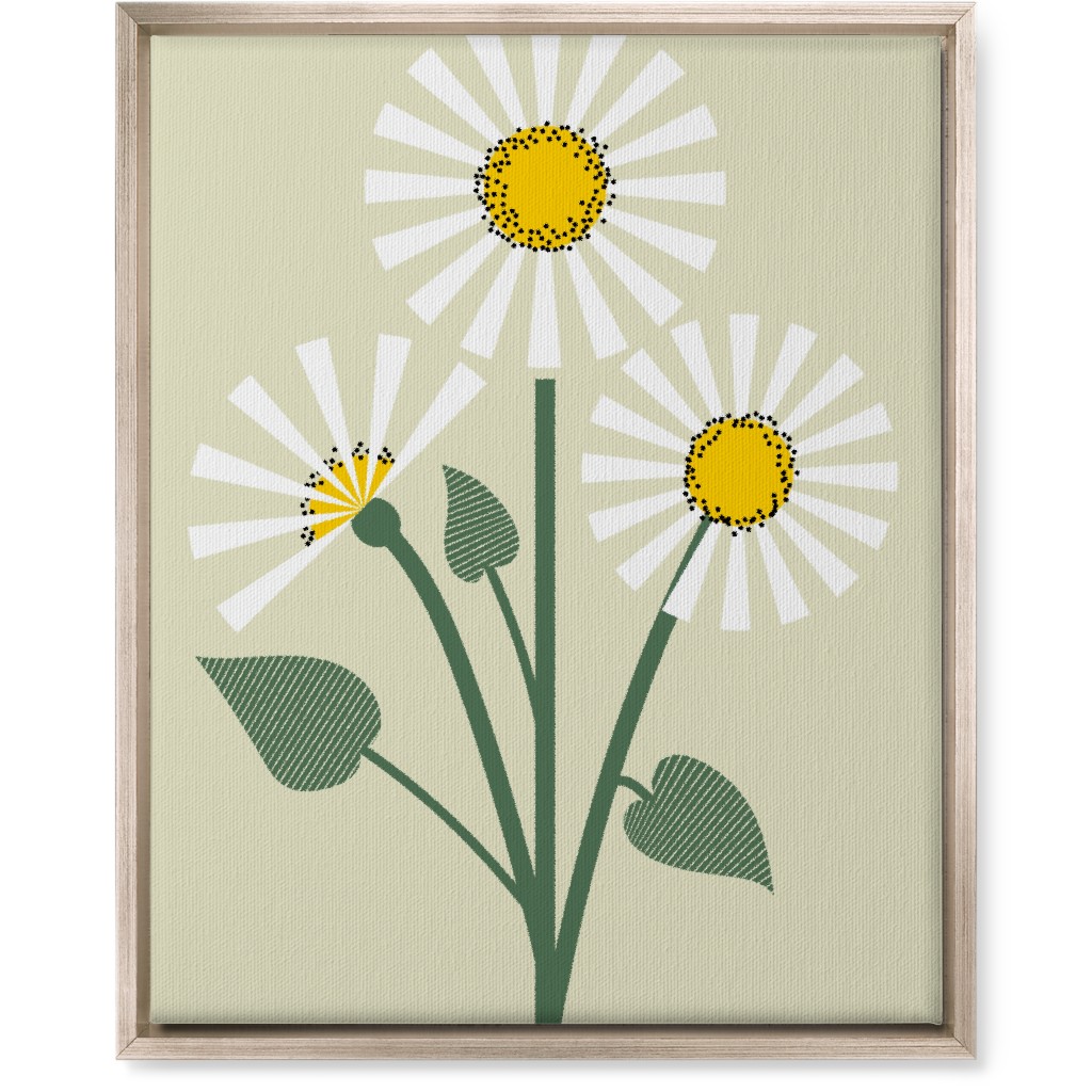 Abstract Daisy Flower - White on Beige Wall Art, Metallic, Single piece, Canvas, 16x20, Green