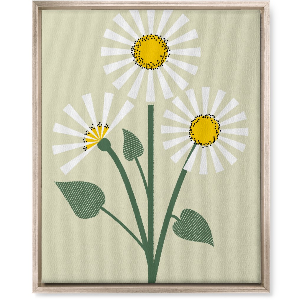 Abstract Daisy Flower - White on Beige Wall Art, Metallic, Single piece, Canvas, 16x20, Green, Classic Green