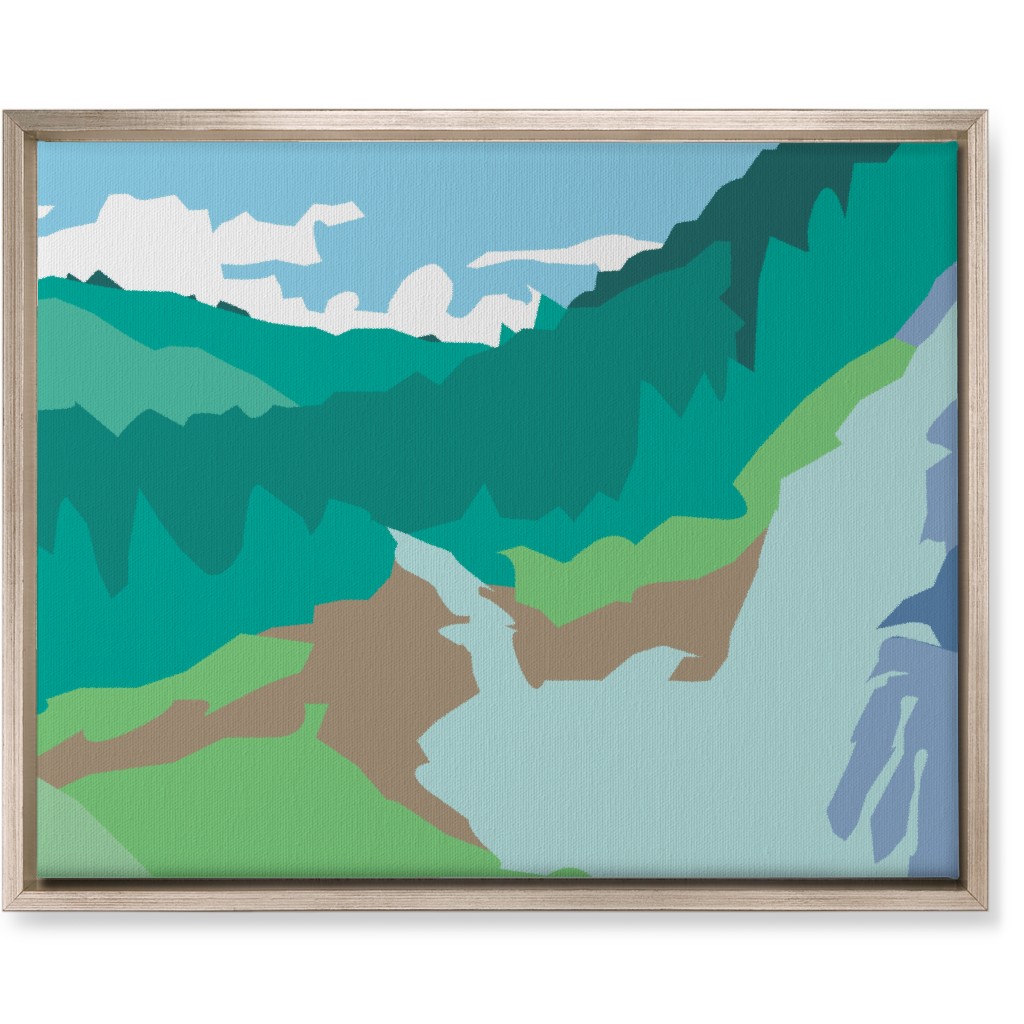 Minimalist Valley Forest Waterfall - Green and Blue Wall Art, Metallic, Single piece, Canvas, 16x20, Green