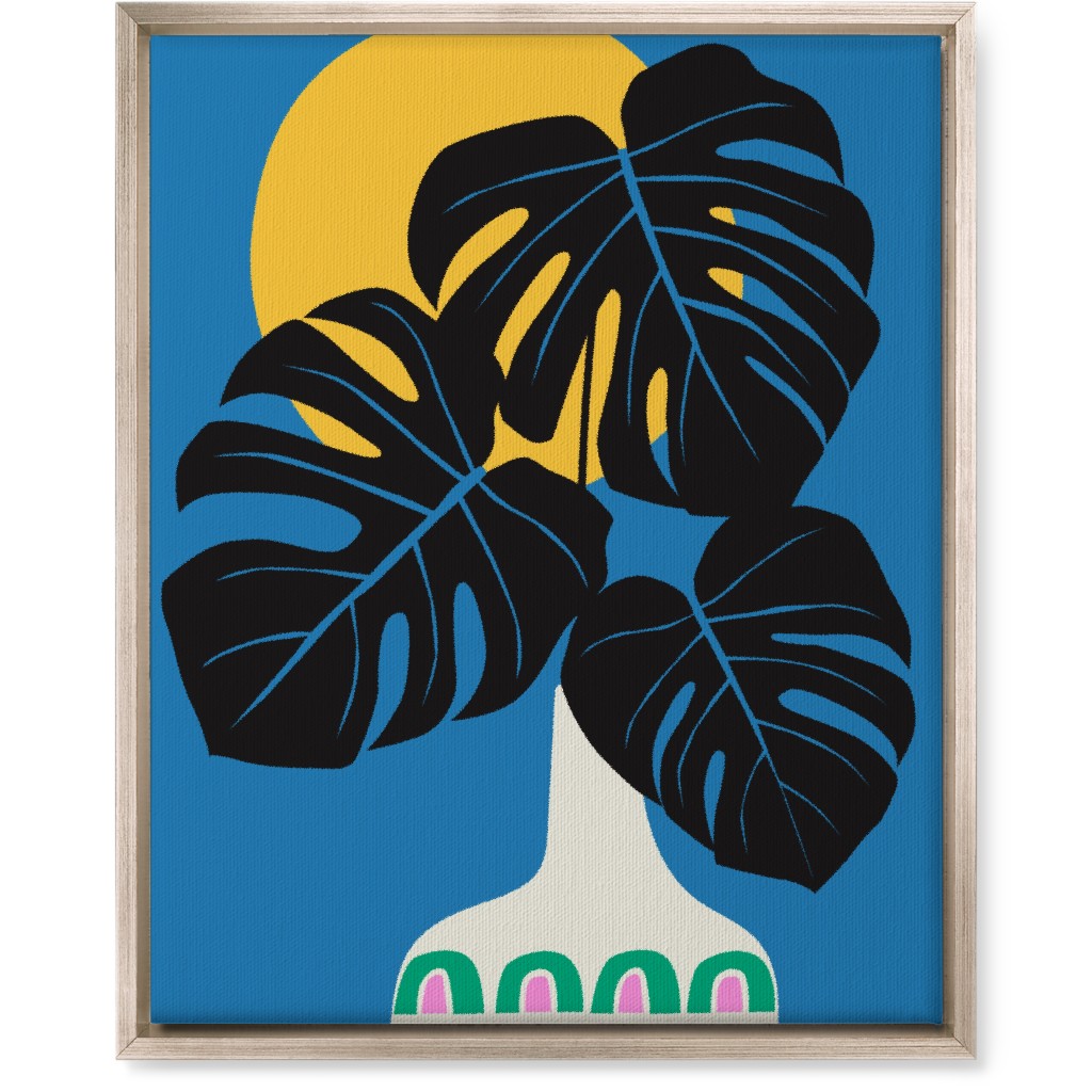 Monstera Leaves in a Vase - Blue Wall Art, Metallic, Single piece, Canvas, 16x20, Blue, True Blue