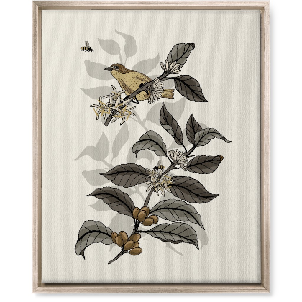 Coffee Plant, Bird, and Bee - Neutral Wall Art, Metallic, Single piece, Canvas, 16x20, Beige, Pearl