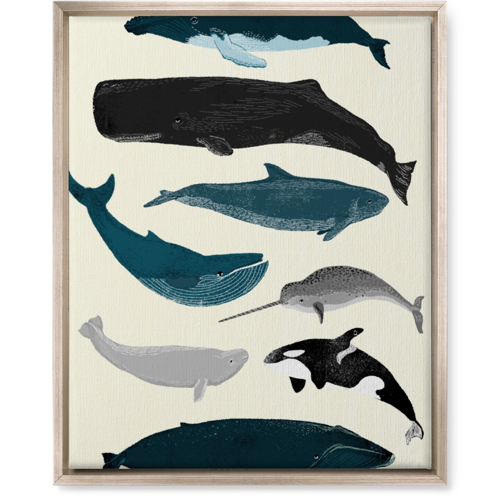 Ocean Whales on White Wall Art, Metallic, Single piece, Canvas, 16x20, Blue