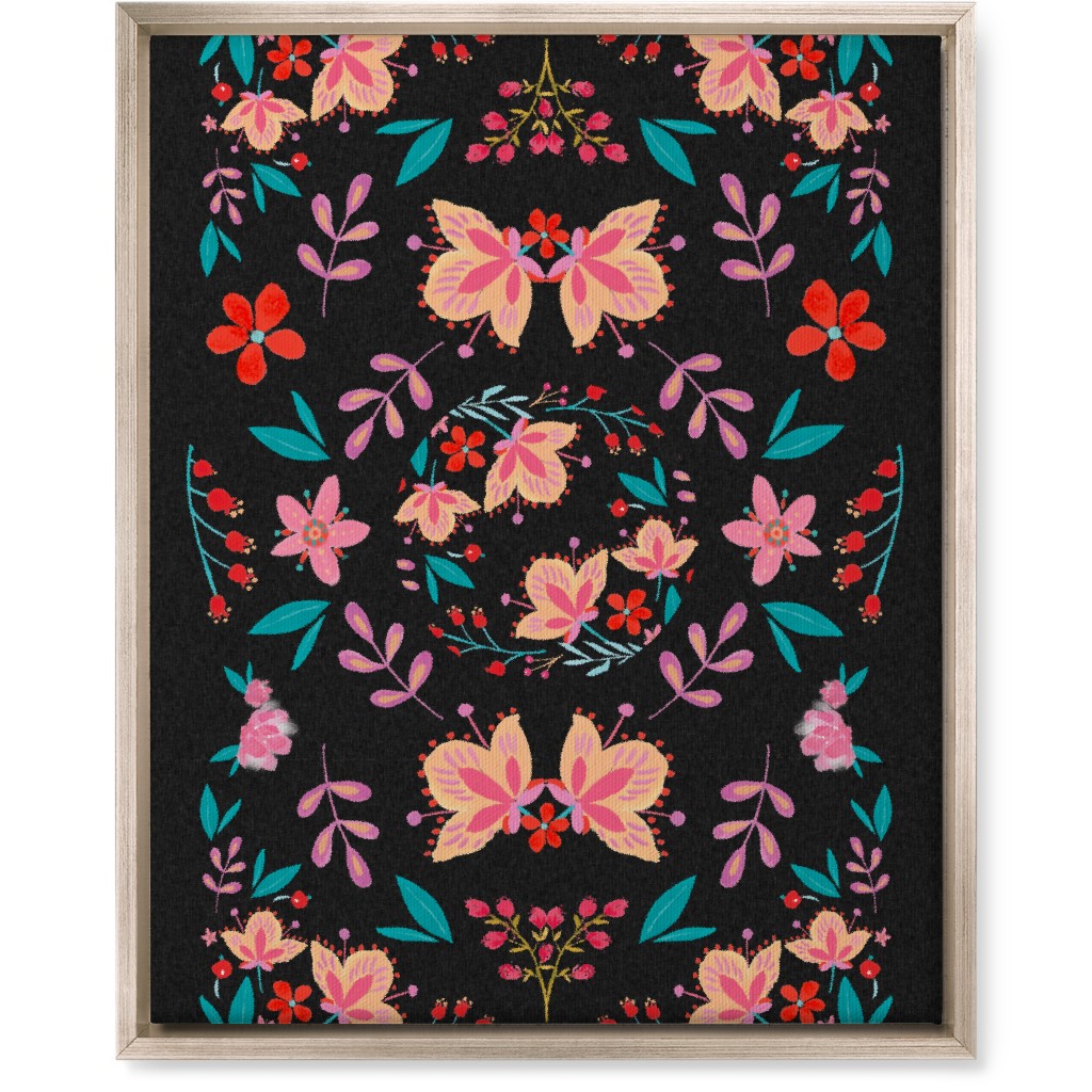 Pink Flora Folk Art on Black Wall Art, Metallic, Single piece, Canvas, 16x20, Multicolor