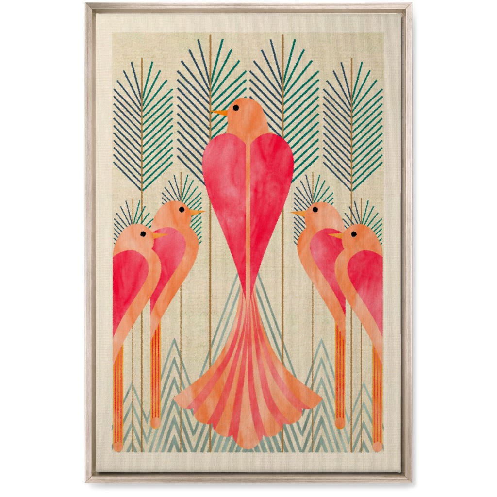 Modern Love Birds in a Pine Forest Wall Art, Metallic, Single piece, Canvas, 20x30, Pink