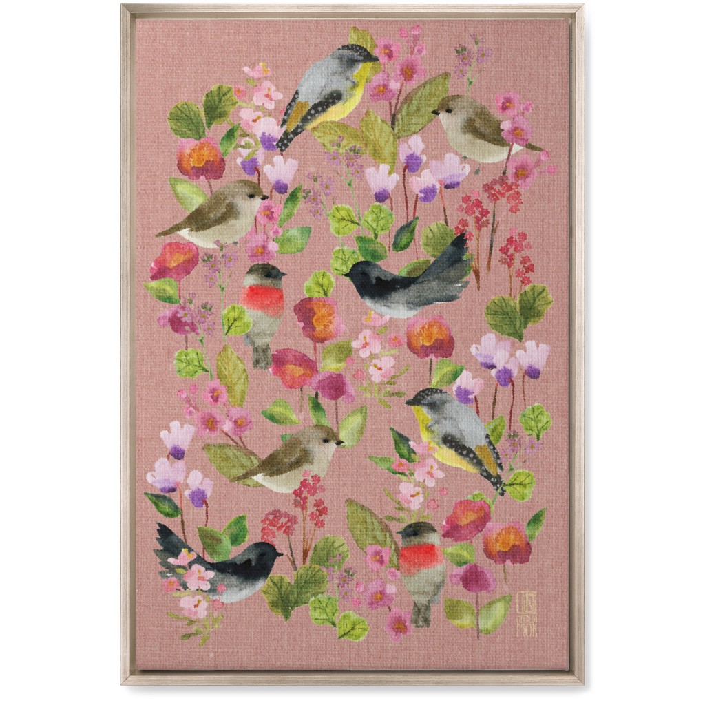 Winter Birds in the Garden Wall Art, Metallic, Single piece, Canvas, 20x30, Pink, Desert Rose