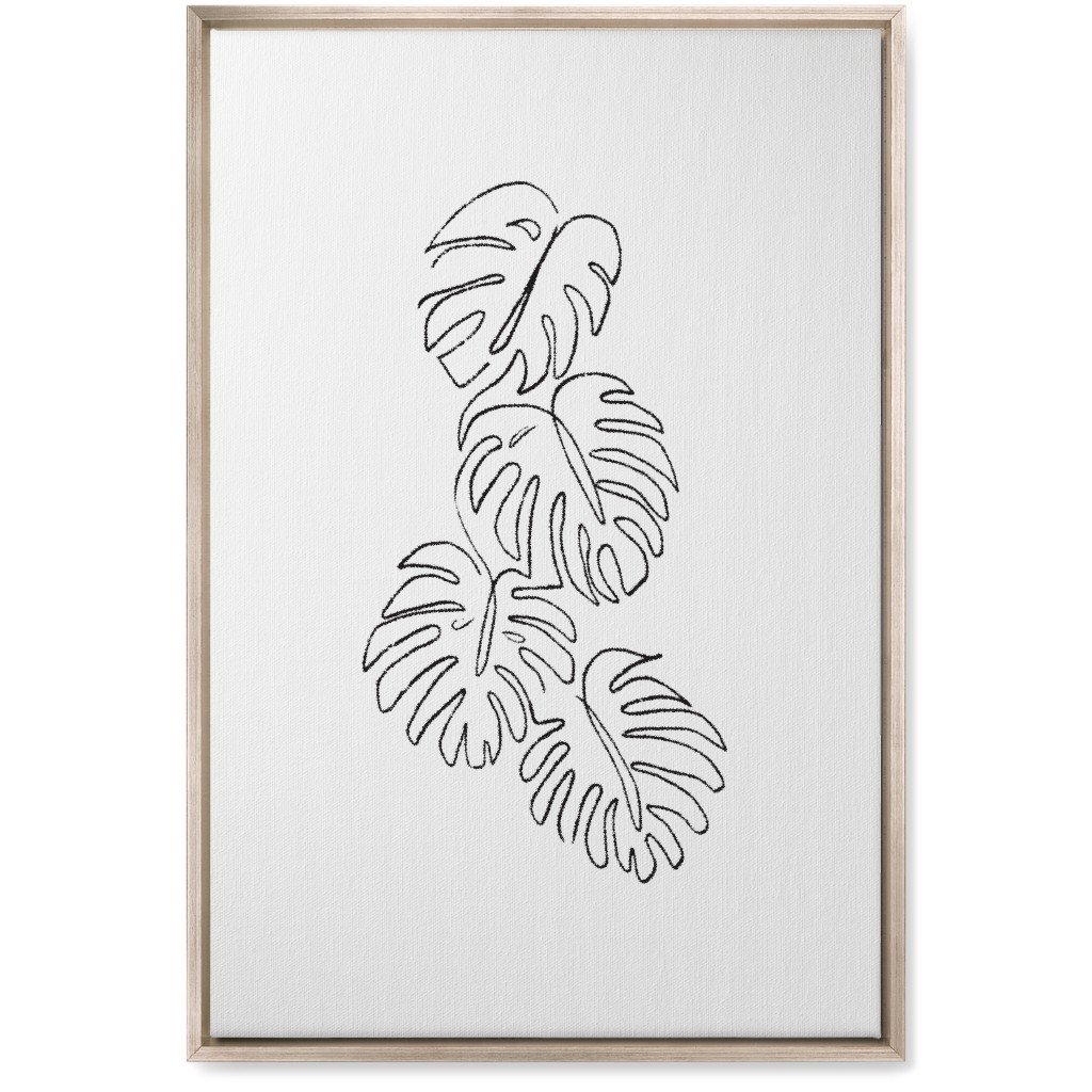 Monstera Leaf Line Art - Black and White Wall Art, Metallic, Single piece, Canvas, 20x30, White