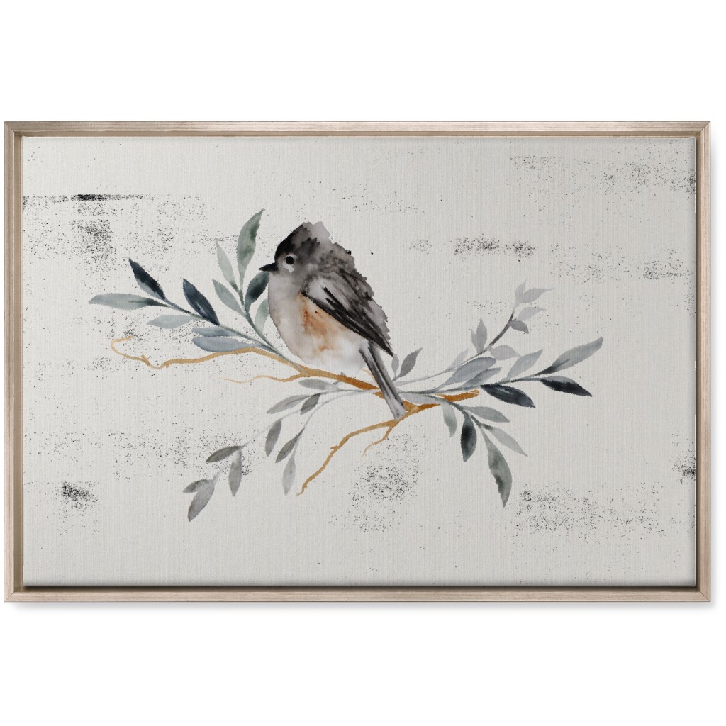 Winter Bird on Branch - Blue Wall Art, Metallic, Single piece, Canvas, 20x30, Gray
