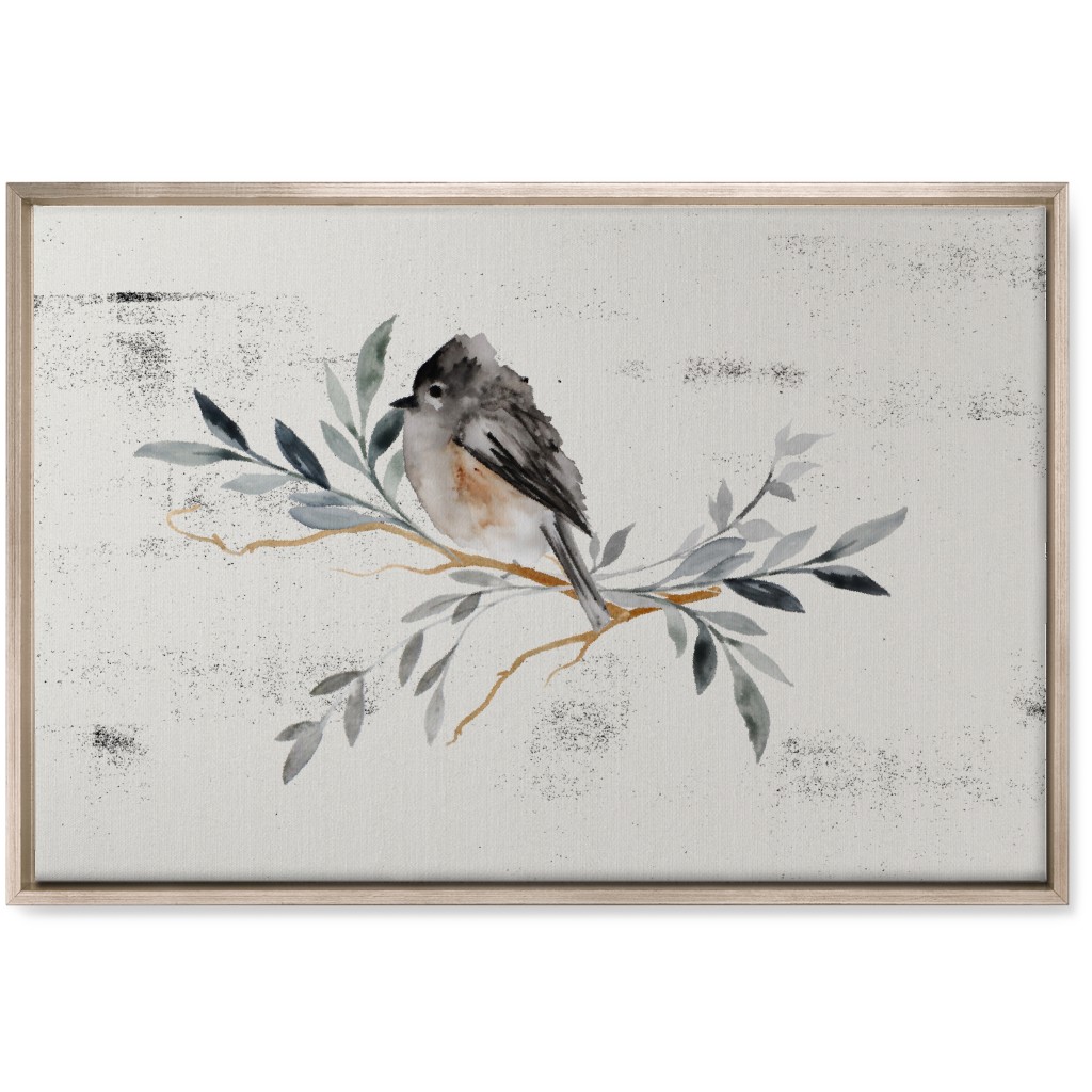 Winter Bird on Branch - Blue Wall Art, Metallic, Single piece, Canvas, 20x30, Gray, Gray