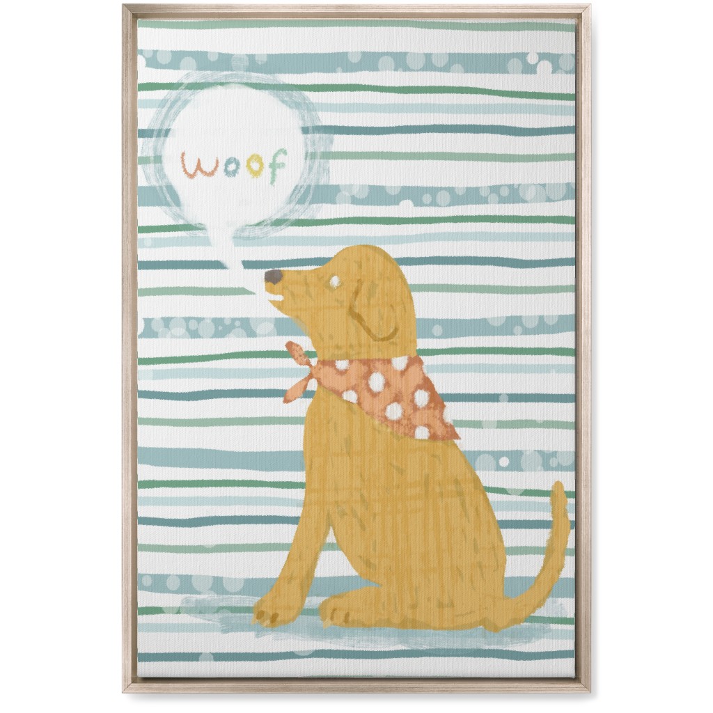 Woof, Dog - Yellow and Blue Wall Art, Metallic, Single piece, Canvas, 20x30, Blue, True Blue
