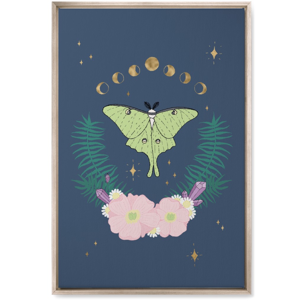Mystical Moth Floral With Gems - Multi Wall Art, Metallic, Single piece, Canvas, 20x30, Blue, True Blue