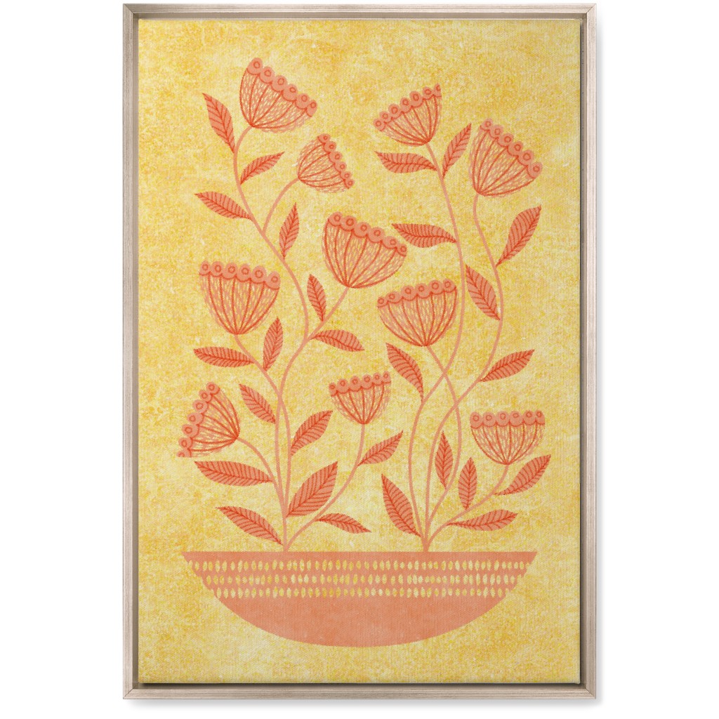 Mid Century Modern Orange Floral on Yellow Wall Art, Metallic, Single piece, Canvas, 20x30, Orange, Orange