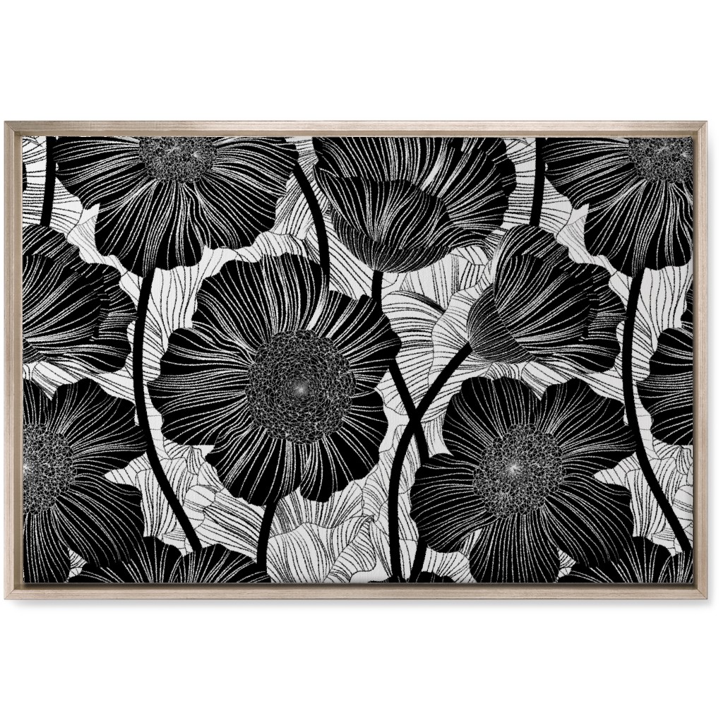 Mid Century Modern Floral - Black and White Wall Art, Metallic, Single piece, Canvas, 20x30, Black