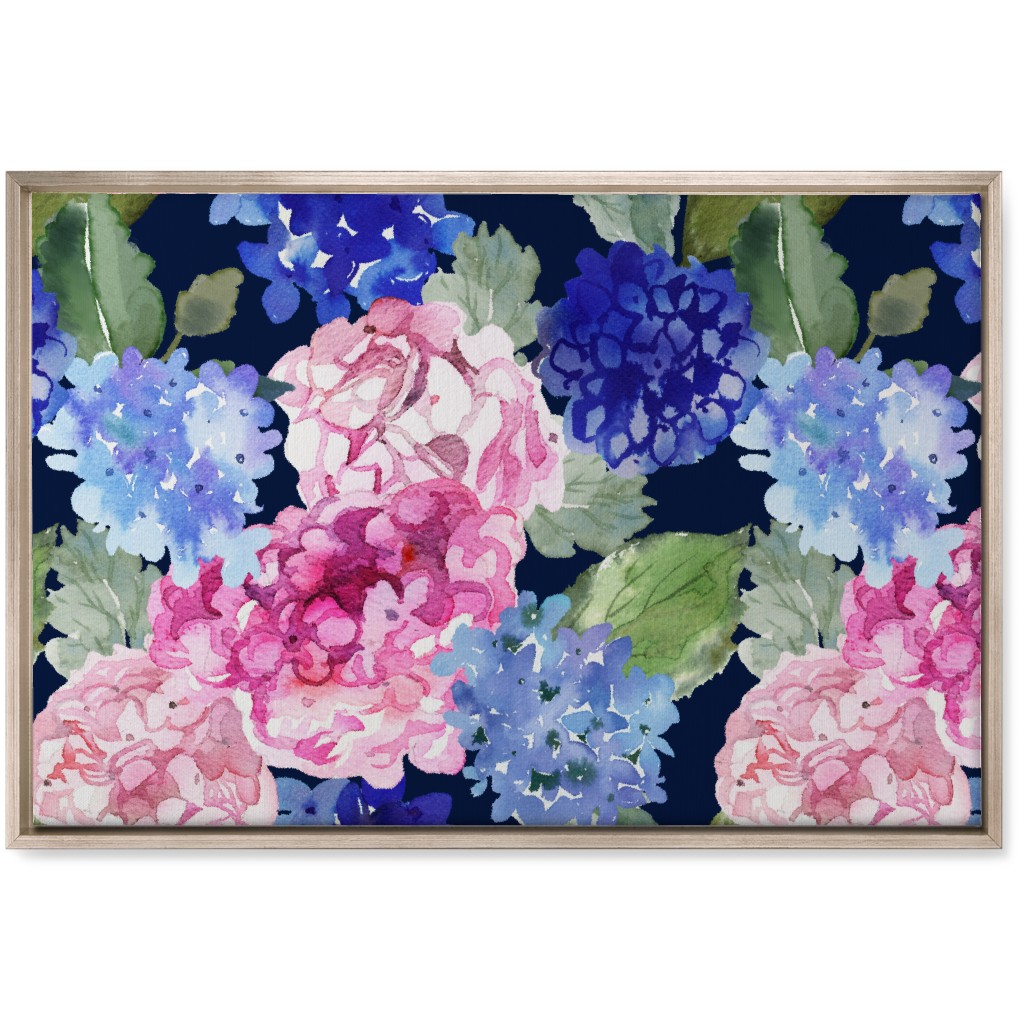 Spring Hydrangea Watercolor - Navy Wall Art, Metallic, Single piece, Canvas, 20x30, Multicolor