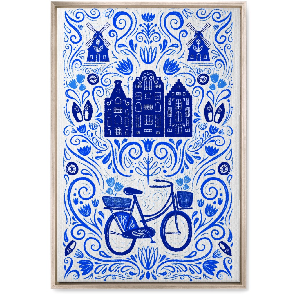 Dutch Bike Folk Art - Blue Wall Art, Metallic, Single piece, Canvas, 20x30, Blue