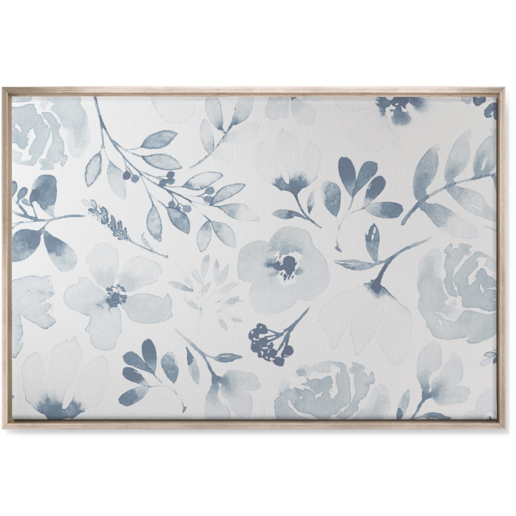 Faded Floral Watercolor - Light Blue Wall Art, Metallic, Single piece, Canvas, 24x36, Blue, True Blue