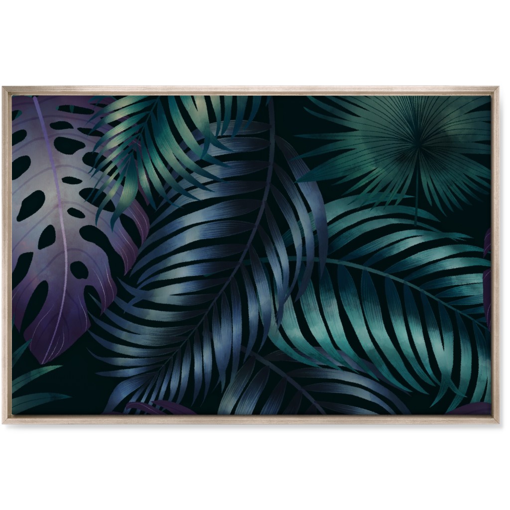 Tropical Leaves in the Moonlight - Dark Wall Art, Metallic, Single piece, Canvas, 24x36, Blue, True Blue