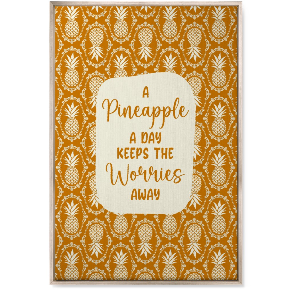 a Pineapple a Day Keeps the Worries Away Damask Wall Art, Metallic, Single piece, Canvas, 24x36, Orange, Dandelion