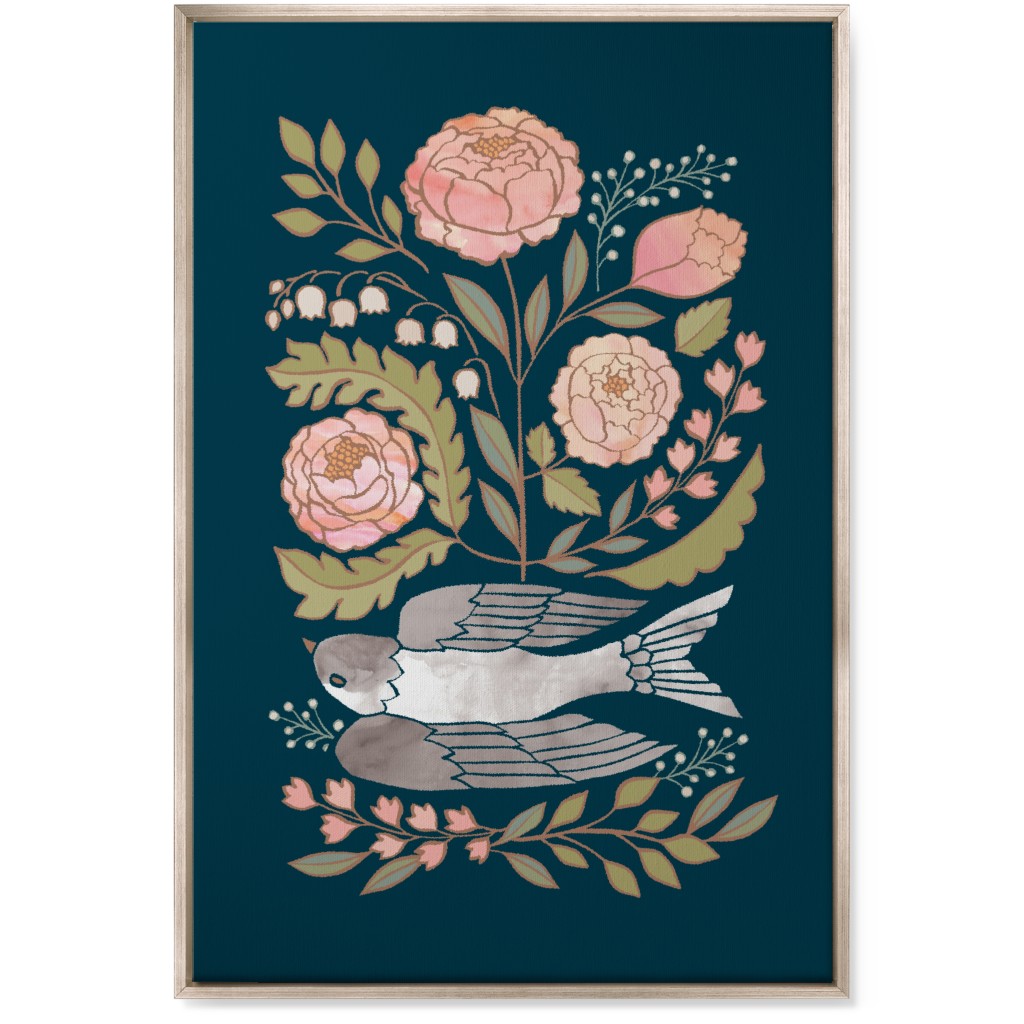 Bloom - Dove & Pink Peonies on Blue Wall Art, Metallic, Single piece, Canvas, 24x36, Multicolor