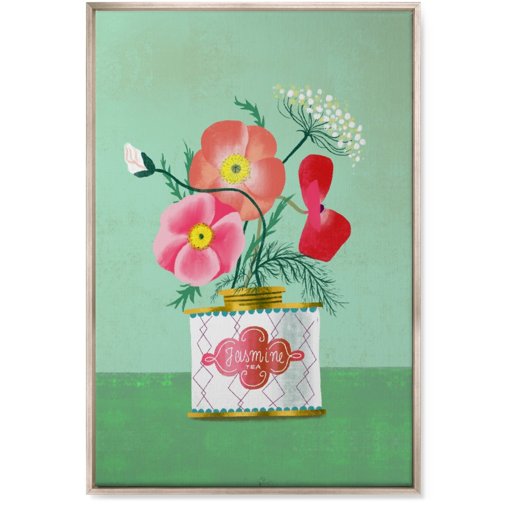 Poppies in Jasmine Tea Tin Wall Art, Metallic, Single piece, Canvas, 24x36, Green