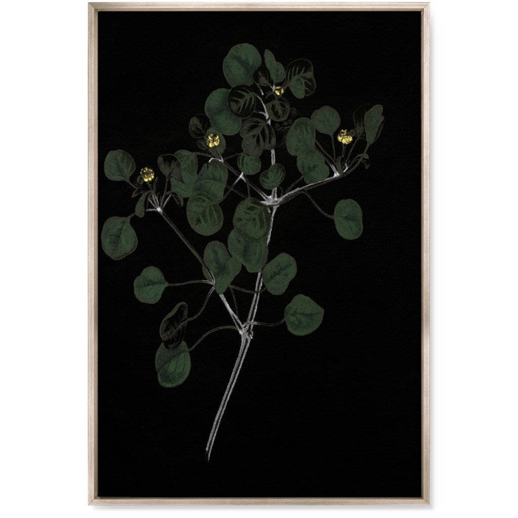 Midnight Botanical Sprig With Leaves - Black and Green Wall Art, Metallic, Single piece, Canvas, 24x36, Black