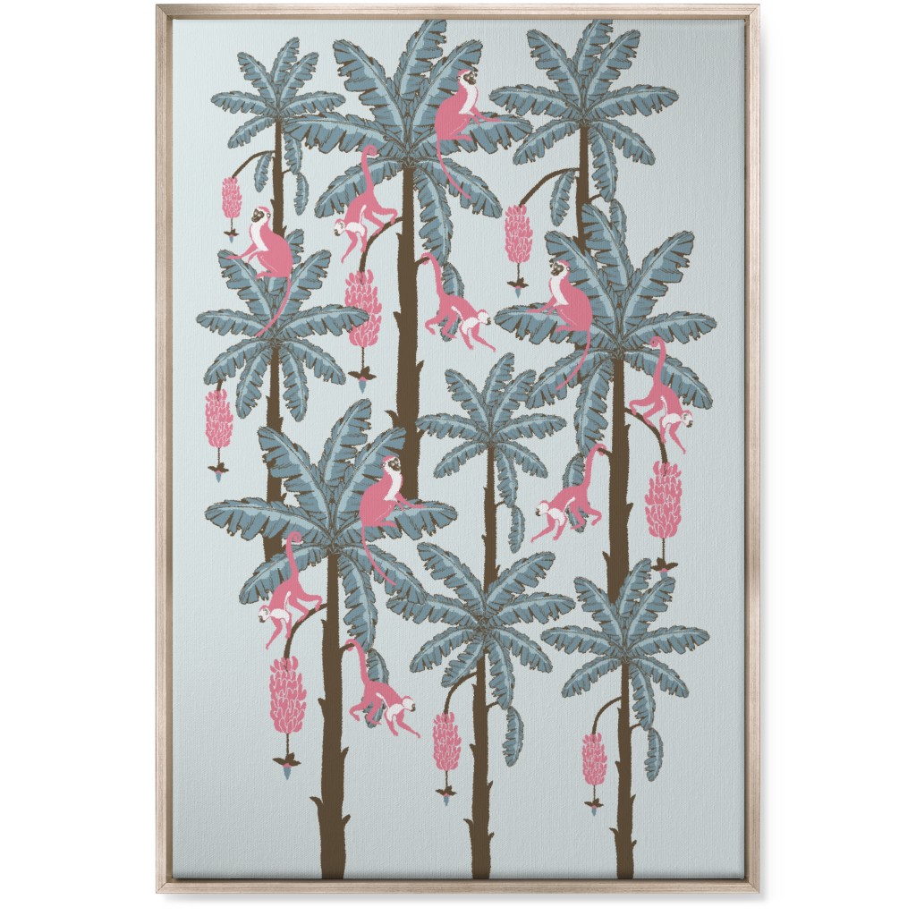 Monkey and Banana Trees - Blue and Pink Wall Art, Metallic, Single piece, Canvas, 24x36, Blue