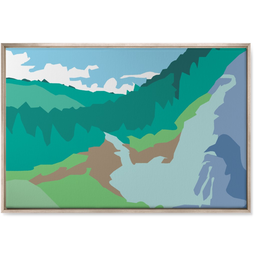 Minimalist Valley Forest Waterfall - Green and Blue Wall Art, Metallic, Single piece, Canvas, 24x36, Green