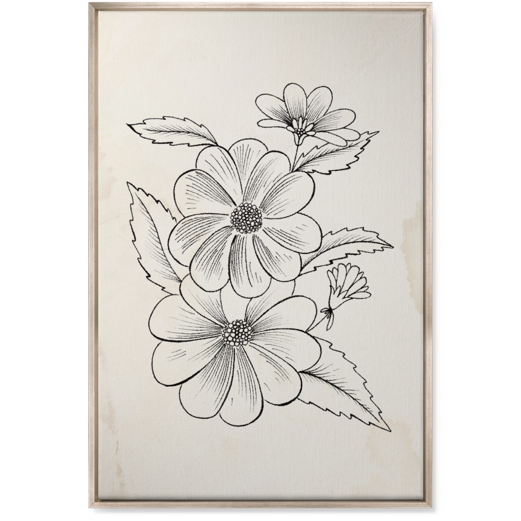 Vintage Flower Sketch - Beige and Black Wall Art, Metallic, Single piece, Canvas, 24x36, Beige