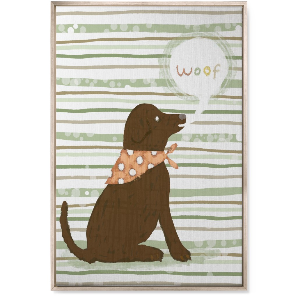 Woof, Dog - Brown and Green Wall Art, Metallic, Single piece, Canvas, 24x36, Green, Classic Green