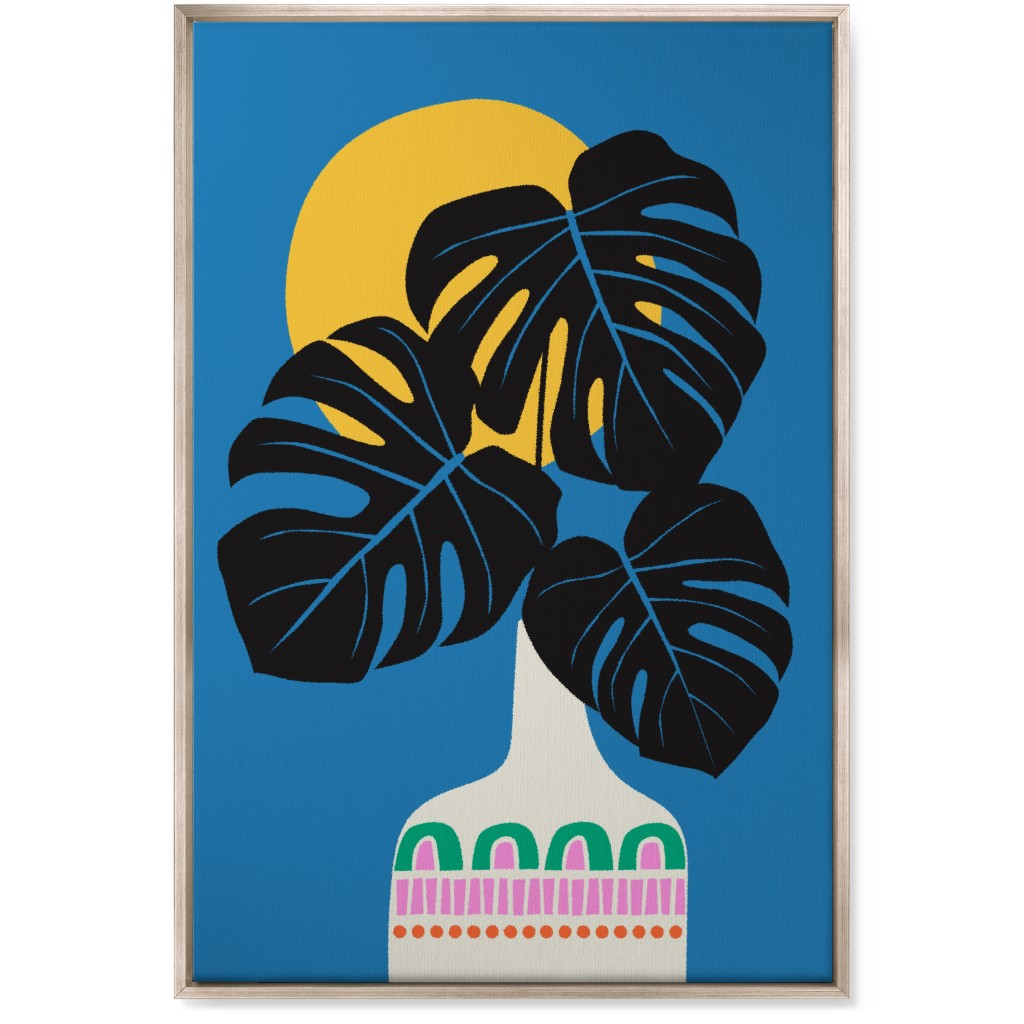 Monstera Leaves in a Vase - Blue Wall Art, Metallic, Single piece, Canvas, 24x36, Blue
