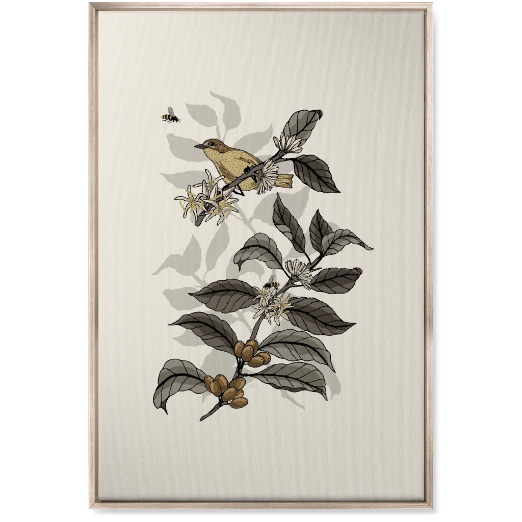 Coffee Plant, Bird, and Bee - Neutral Wall Art, Metallic, Single piece, Canvas, 24x36, Beige, Pearl