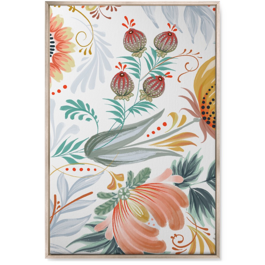 Folksy Floral - Multi on White Wall Art, Metallic, Single piece, Canvas, 24x36, Multicolor