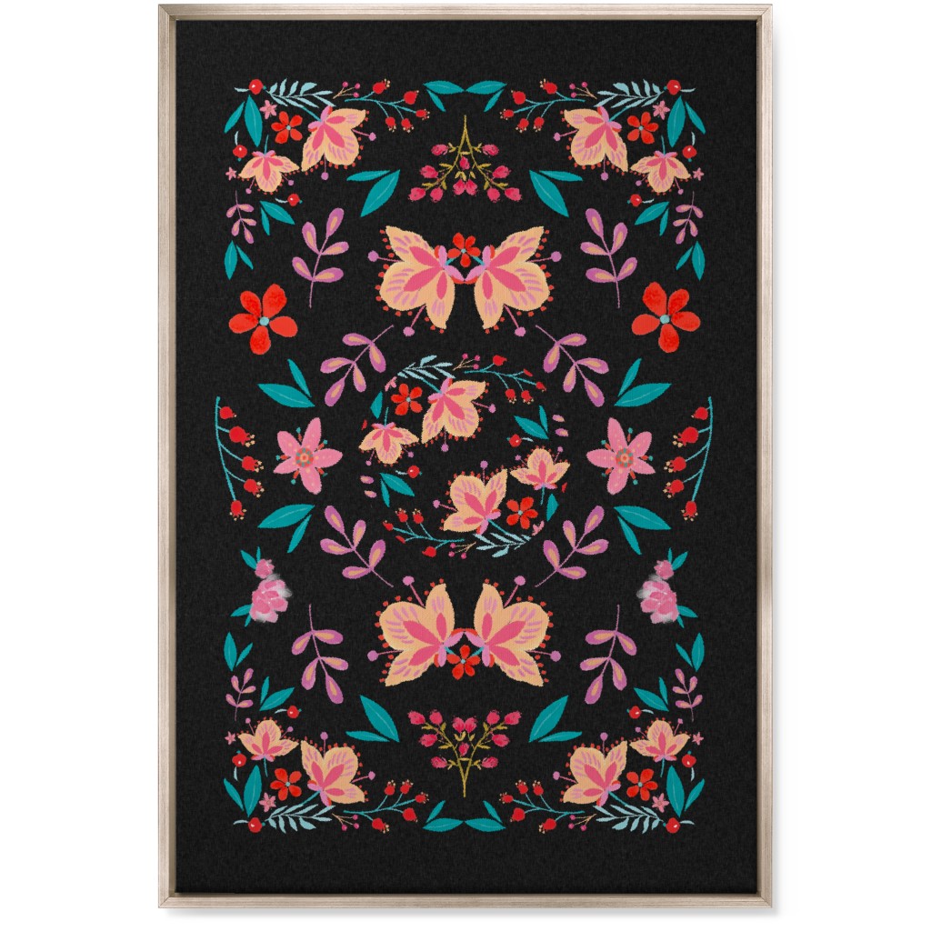 Pink Flora Folk Art on Black Wall Art, Metallic, Single piece, Canvas, 24x36, Multicolor