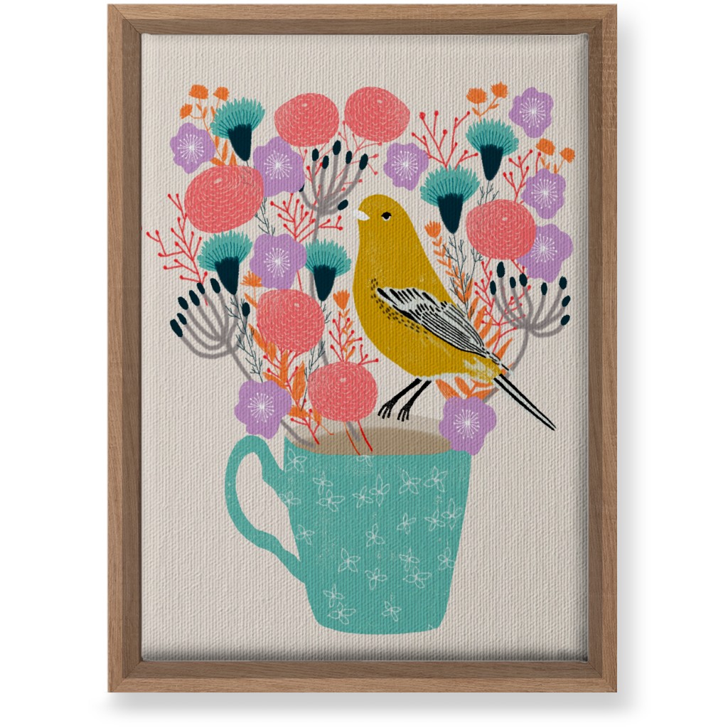 Yellow Bird on Teacup Bouquet Wall Art, Natural, Single piece, Canvas, 10x14, Multicolor