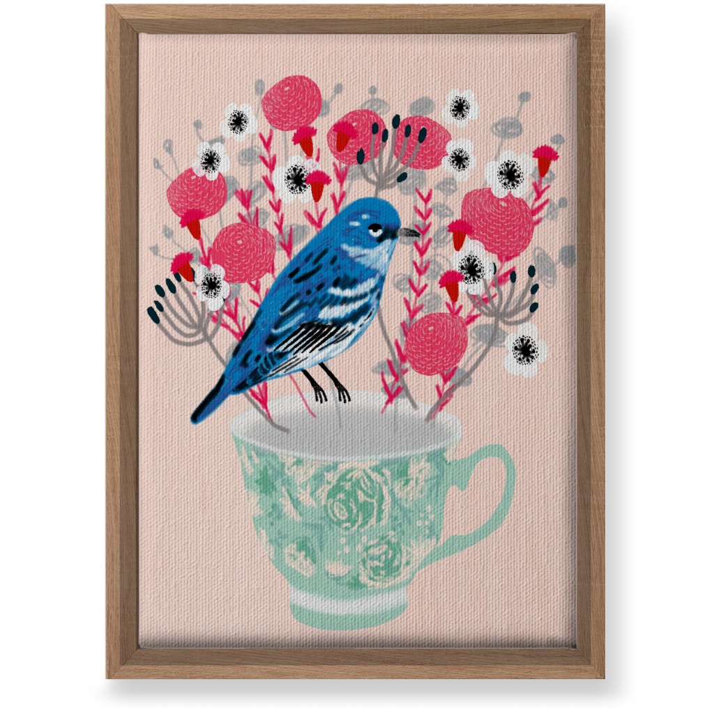 Blue Bird on Teacup Bouquet Wall Art, Natural, Single piece, Canvas, 10x14, Multicolor