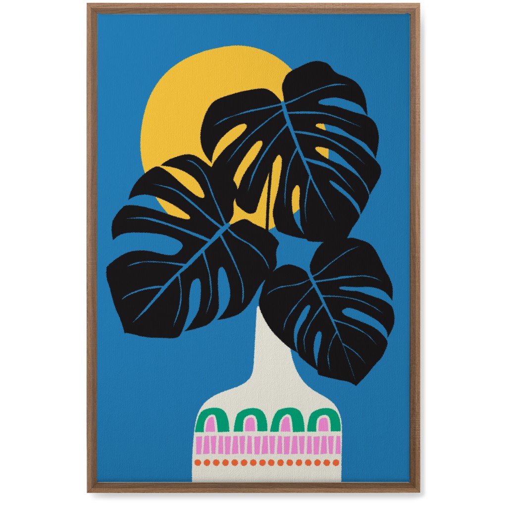 Monstera Leaves in a Vase - Blue Wall Art, Natural, Single piece, Canvas, 20x30, Blue