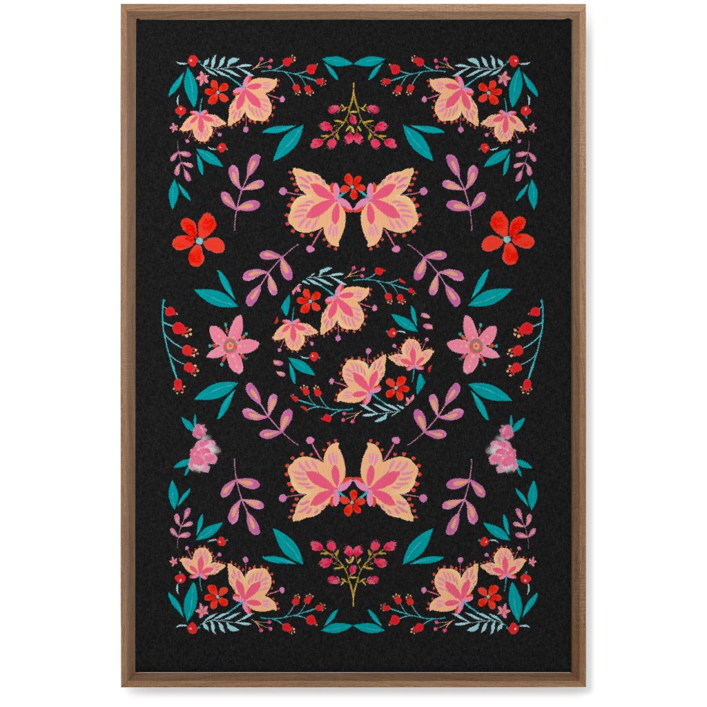 Pink Flora Folk Art on Black Wall Art, Natural, Single piece, Canvas, 20x30, Multicolor