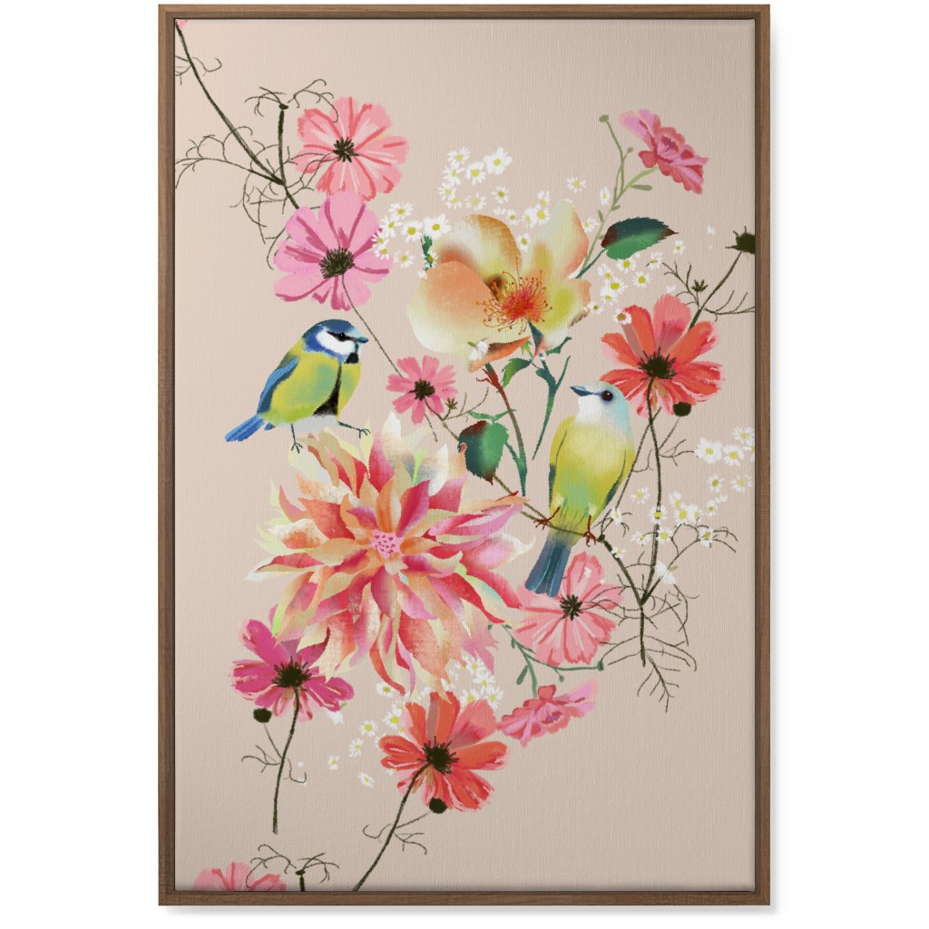 Birds With Dahlias and Cosmea Wall Art, Natural, Single piece, Canvas, 24x36, Pink