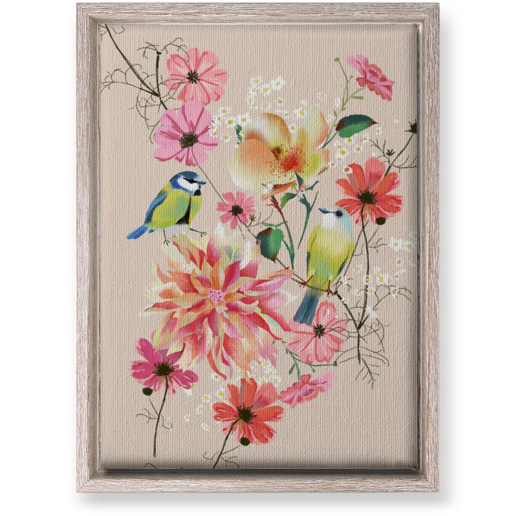 Birds With Dahlias and Cosmea Wall Art, Rustic, Single piece, Canvas, 10x14, Pink, Bright Pink